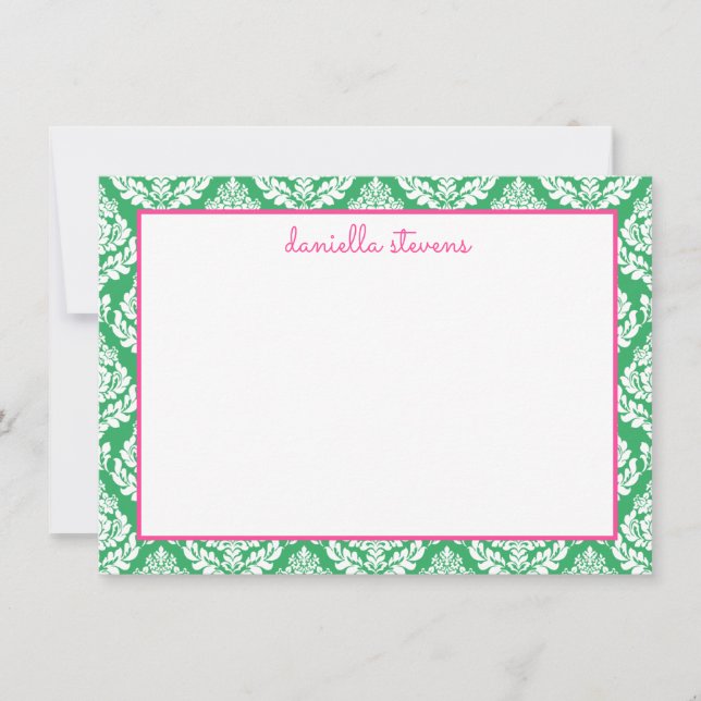 Damask Pattern Pink and Green Personalized Flat Card (Front)