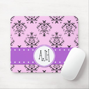 Damask Pattern, Pink Damask, Monogram Mouse Pad