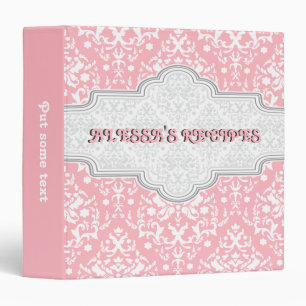 Damask pattern pink, white & grey frame recipe binder