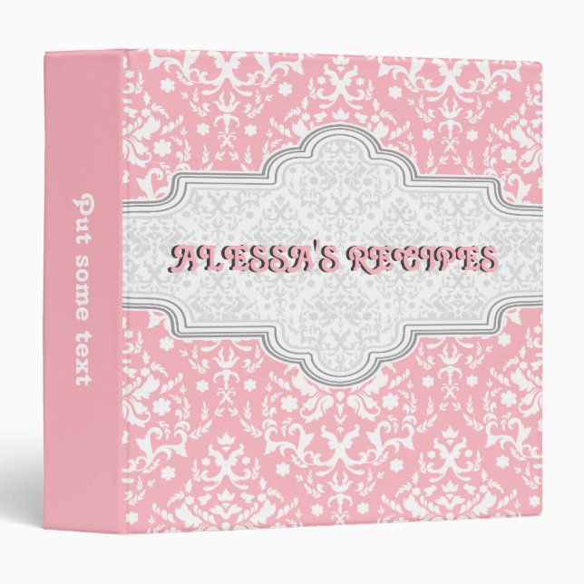 Damask pattern pink, white & grey  frame recipe binder (Front/Spine)