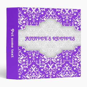 Damask pattern purple, white & grey frame recipe binder