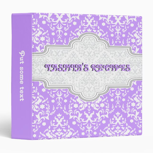 Damask pattern purple, white & grey frame recipe binder (Front/Spine)