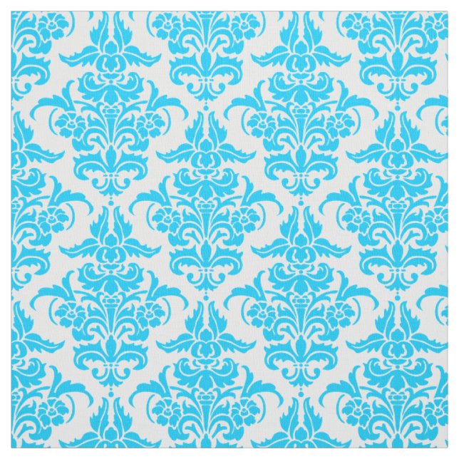 Damask Pattern - Sky Blue on White Fabric (Swatch)
