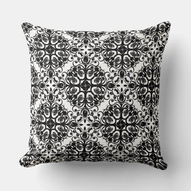 Damask Pattern Throw Pillow/Black and White Pillow (Front)