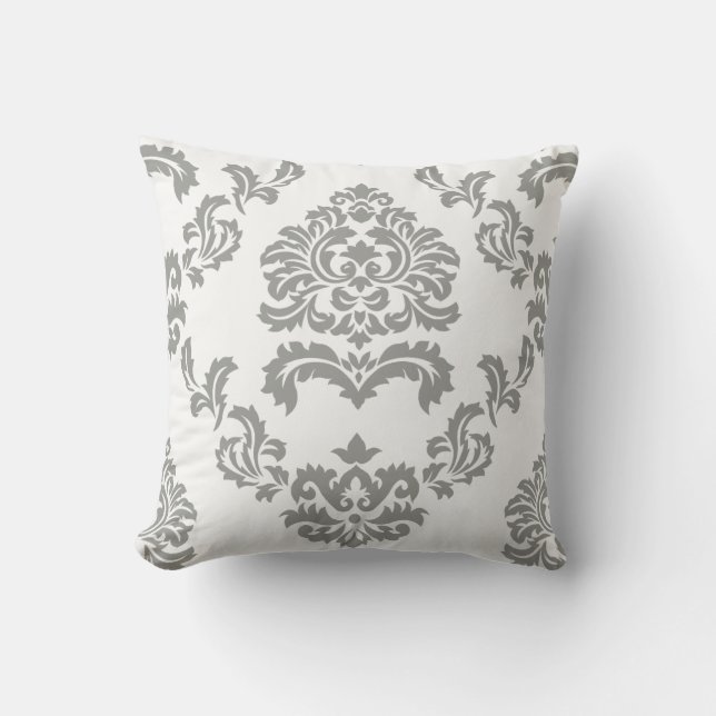 Damask Pattern White and Light Grey Throw Pillow (Front)