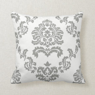 Damask Pattern White and Light Grey Throw Pillow