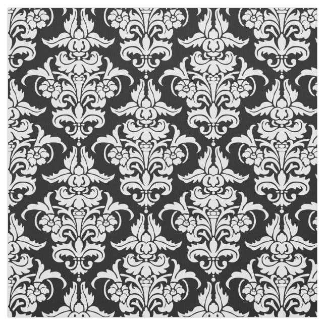 Damask Pattern - White on Black Fabric (Swatch)