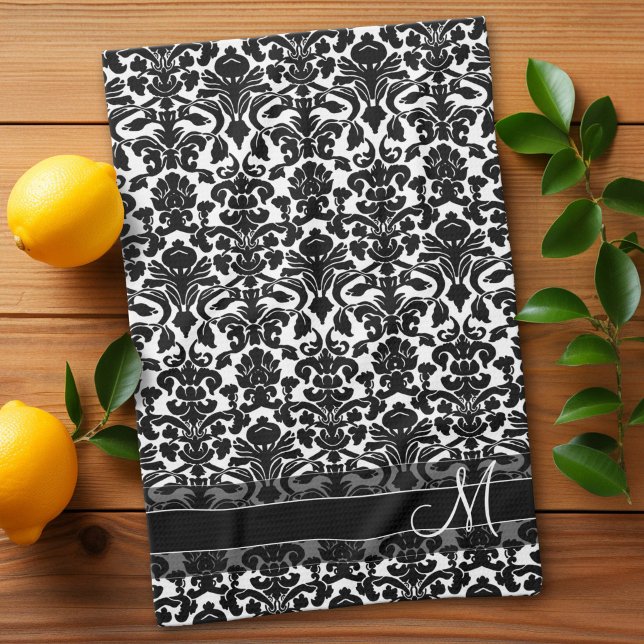 Damask Pattern with Monogram - Black and White Kitchen Towel (Custom Kitchen Towel)