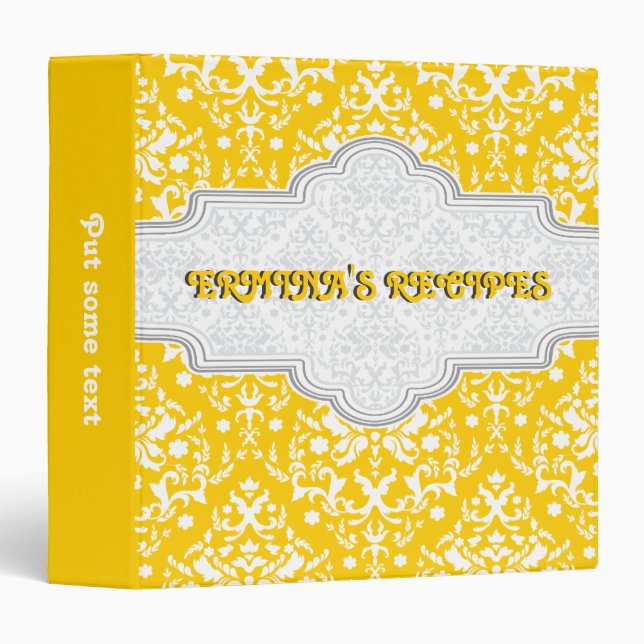 Damask pattern yellow, white & frame recipe binder (Front/Spine)