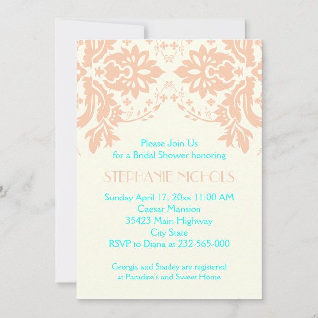 Damask peach, aqua, ivory wedding bridal shower invitation (Front)