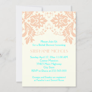 Damask peach, aqua, ivory wedding bridal shower invitation