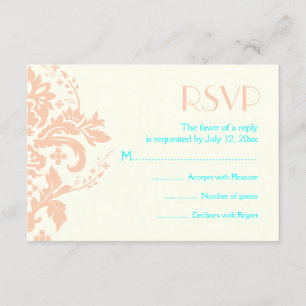 Damask peach, aqua, ivory wedding RSVP reply card