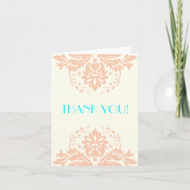 Damask peach, aqua, ivory wedding Thank You (Front)