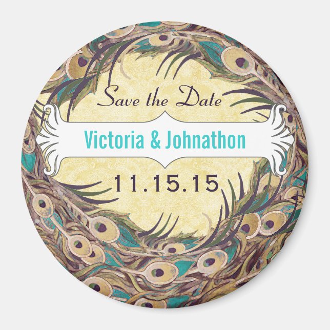 Damask Peacock Eggplant Aqua Save the Date Magnets (Front)