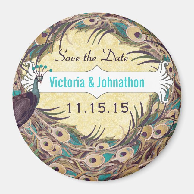 Damask Peacock Eggplant Aqua Save the Date Magnets (Front)
