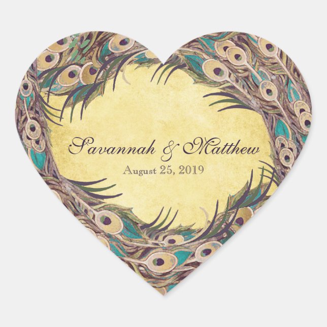 Damask Peacock Elegance Eggplant Gold and Aqua Heart Sticker (Front)