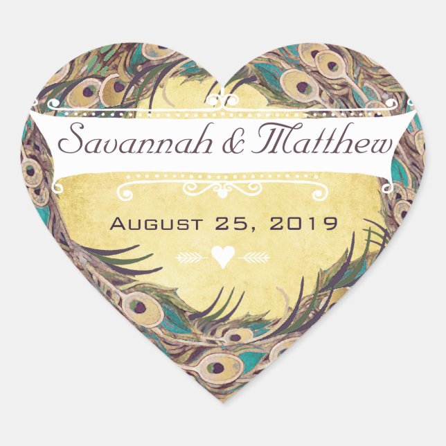 Damask Peacock Elegance Eggplant Gold and Aqua Heart Sticker (Front)
