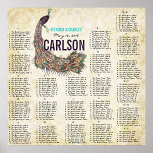 Damask Peacock Elegance Eggplant Gold SeatingChart Poster