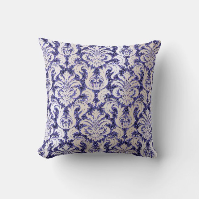 Damask  Pearly Ivory Glitter Blue Navy Indigo Lux Throw Pillow (Front)