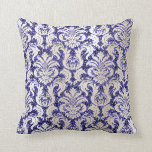 Damask  Pearly Ivory Glitter Blue Navy Indigo Lux Throw Pillow