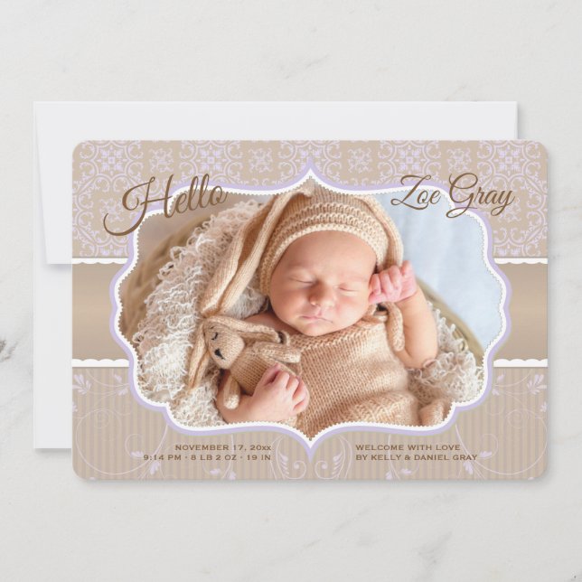 Damask Photo Birth Announcement (Front)