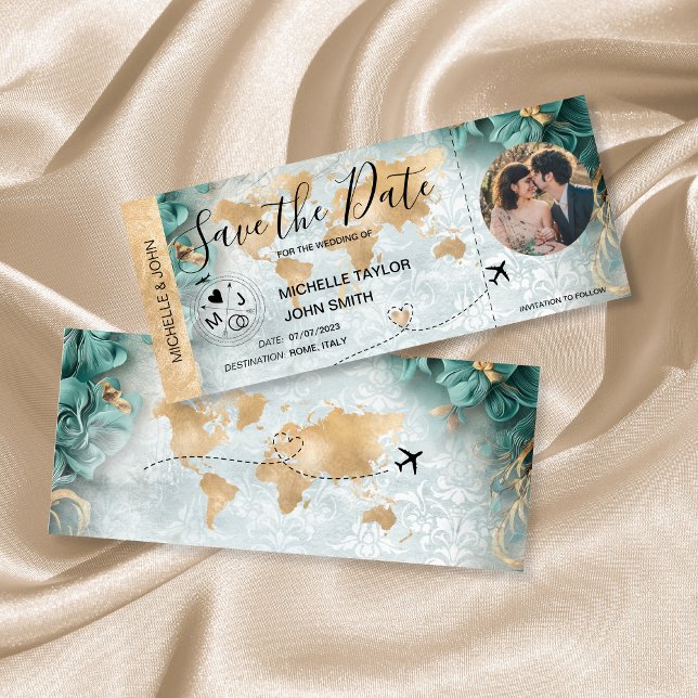 Damask Photo Enregistrer la date Carte du Monde du (Créateur téléchargé)