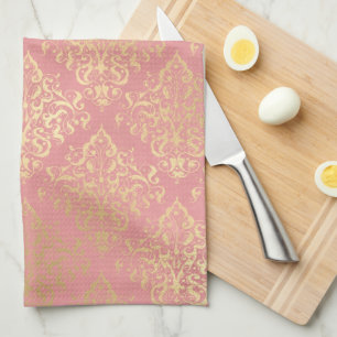 Damask pink and gold elegant vintage Victorian  Kitchen Towel
