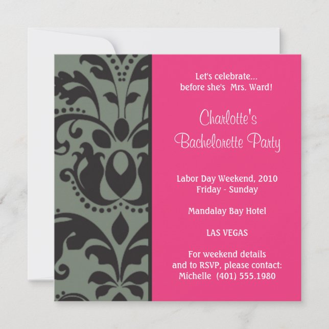 damask pink; bachelorette invitation (Front)