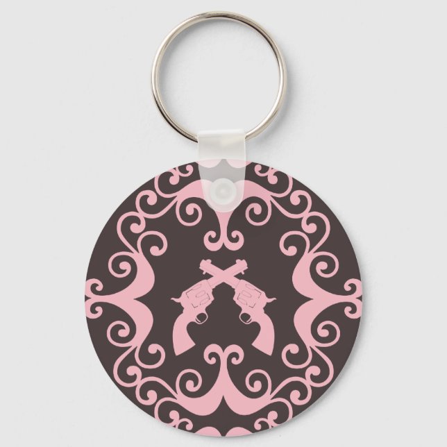 Damask pink black guns grunge western pistols chic keychain (Front)