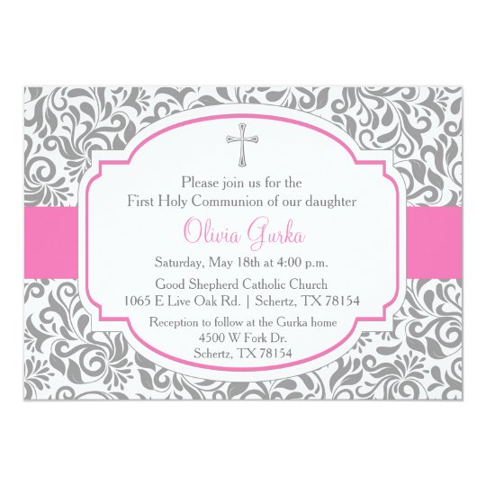 Damask Pink Girls First Communion Card