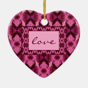 Damask Pink Hearts Ceramic Ornament