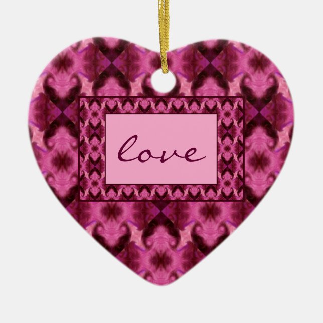 Damask Pink Hearts Ceramic Ornament (Front)