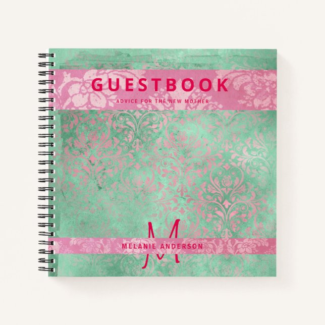 Damask Pink Mint Green Baby shower Livre d'or (Devant)