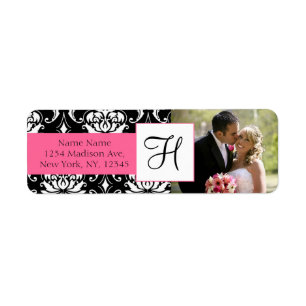 Damask Pink Monogramme Mariage photo Étiquettes de