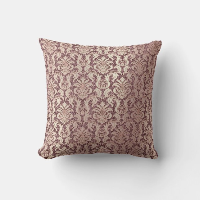 Damask Pink Pearly Maroon Glitter Pearly Floral Throw Pillow (Front)