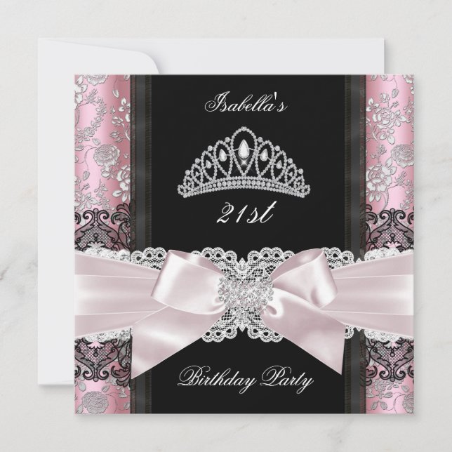 Damask Pink Rose Black White Tiara Birthday Party Invitation (Front)