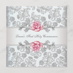 Damask Pink Rose Girls First Communion Invitation