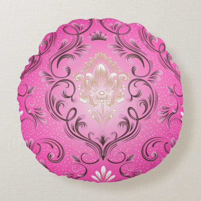 Damask Pink Round Throw Pillow (Front)