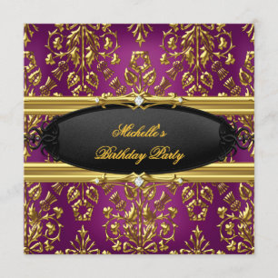 Damask Plum Birthday Party Gold Black Diamond Invitation