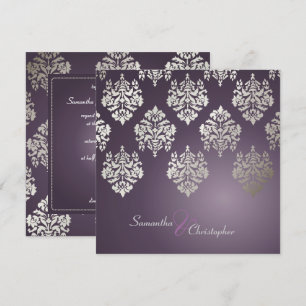 Damask/plum/faux silver wedding invitations