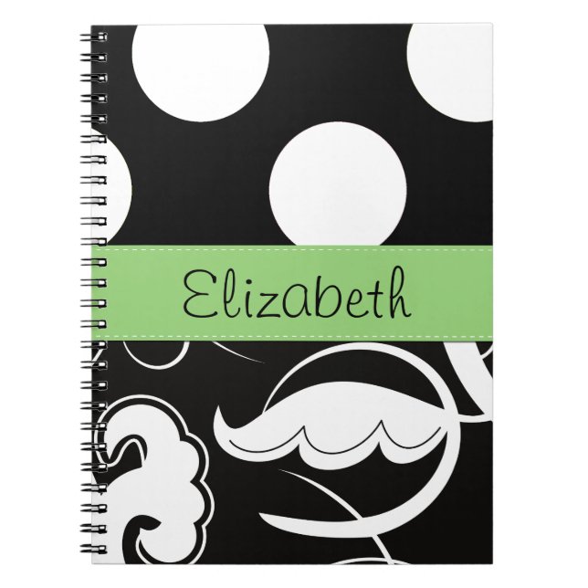 Damask, Polka Dots, Black and White, Your Name Notebook (Front)