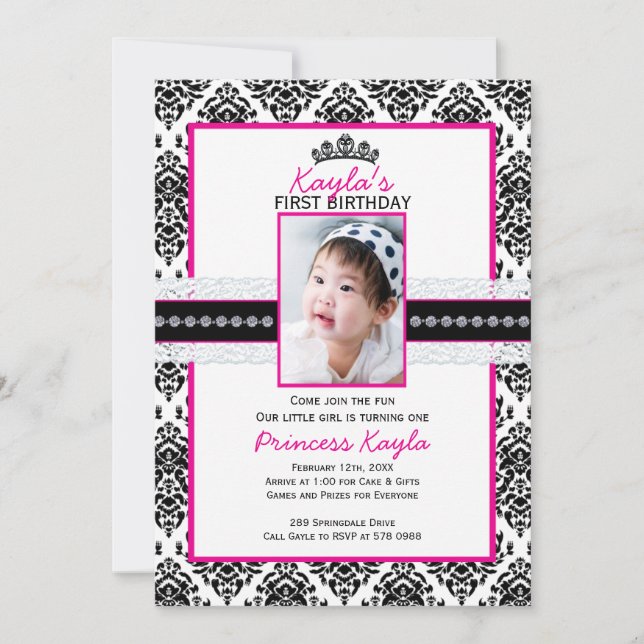 Damask Princess Photo Birthday Invitations 5X7 (Front)