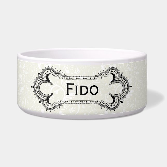 Damask Print & Customizable Vintage Bone Pet Bowl (Front)