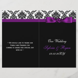 damask ,purple ribbon book fold Wedding program