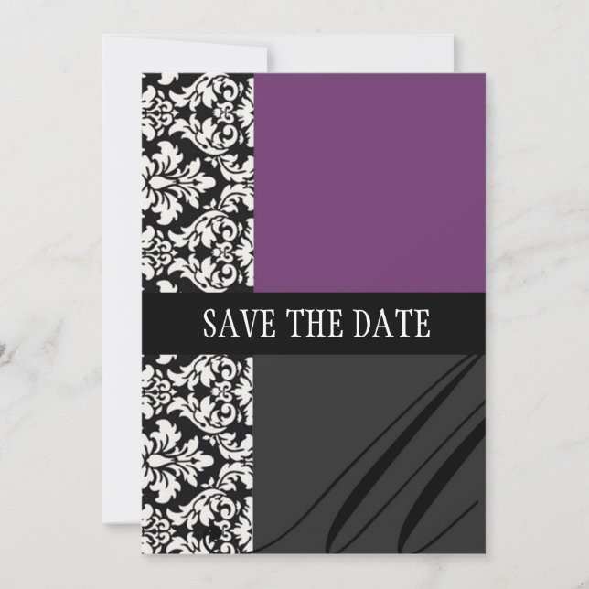 Damask Purple Save The Date Card (Front)