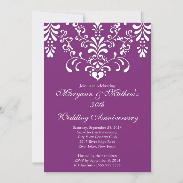 Damask Purple Wedding Anniversary Invitation (Front)
