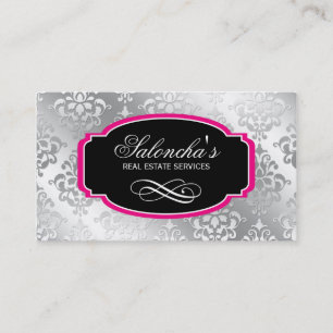 Damask Real Estate Business Card Silver Pink