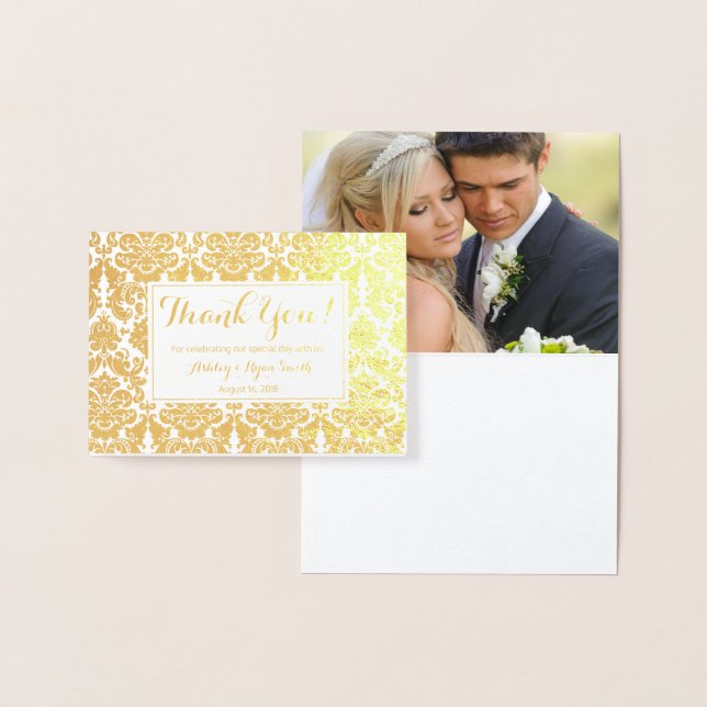 Damask Real Gold Foil Wedding Photo Thank you Foil Card (Display)