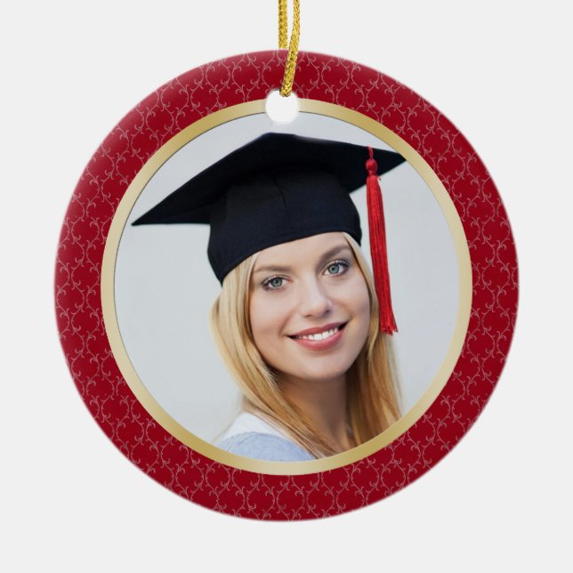 Damask red and gold Graduation photo Ornament (Front)