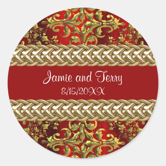 Damask Red Gold, Gold Chain Wedding Sticker (Front)